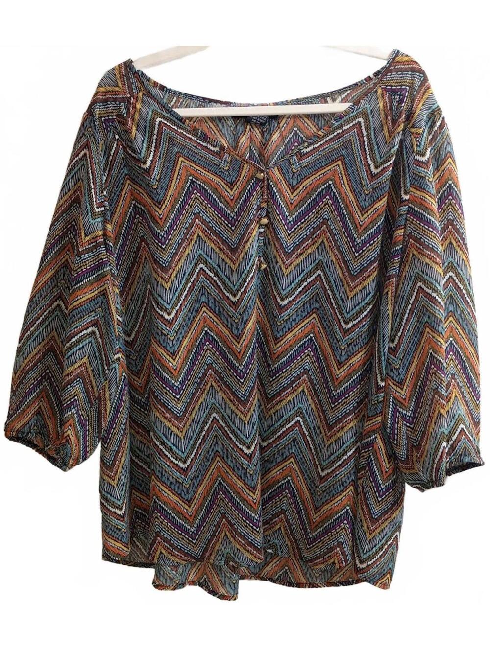 Living Doll Chevron Pattern Bohemian Style Blouse with Button Front Plus Size 2X